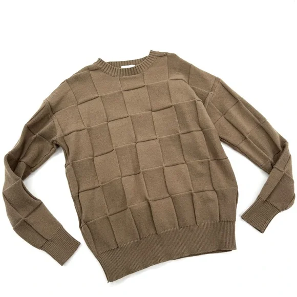 Crew Neck Sweater Knit Pullover Long Sleeve Winter Top Woven Checkered Knitted - Picture 1 of 3